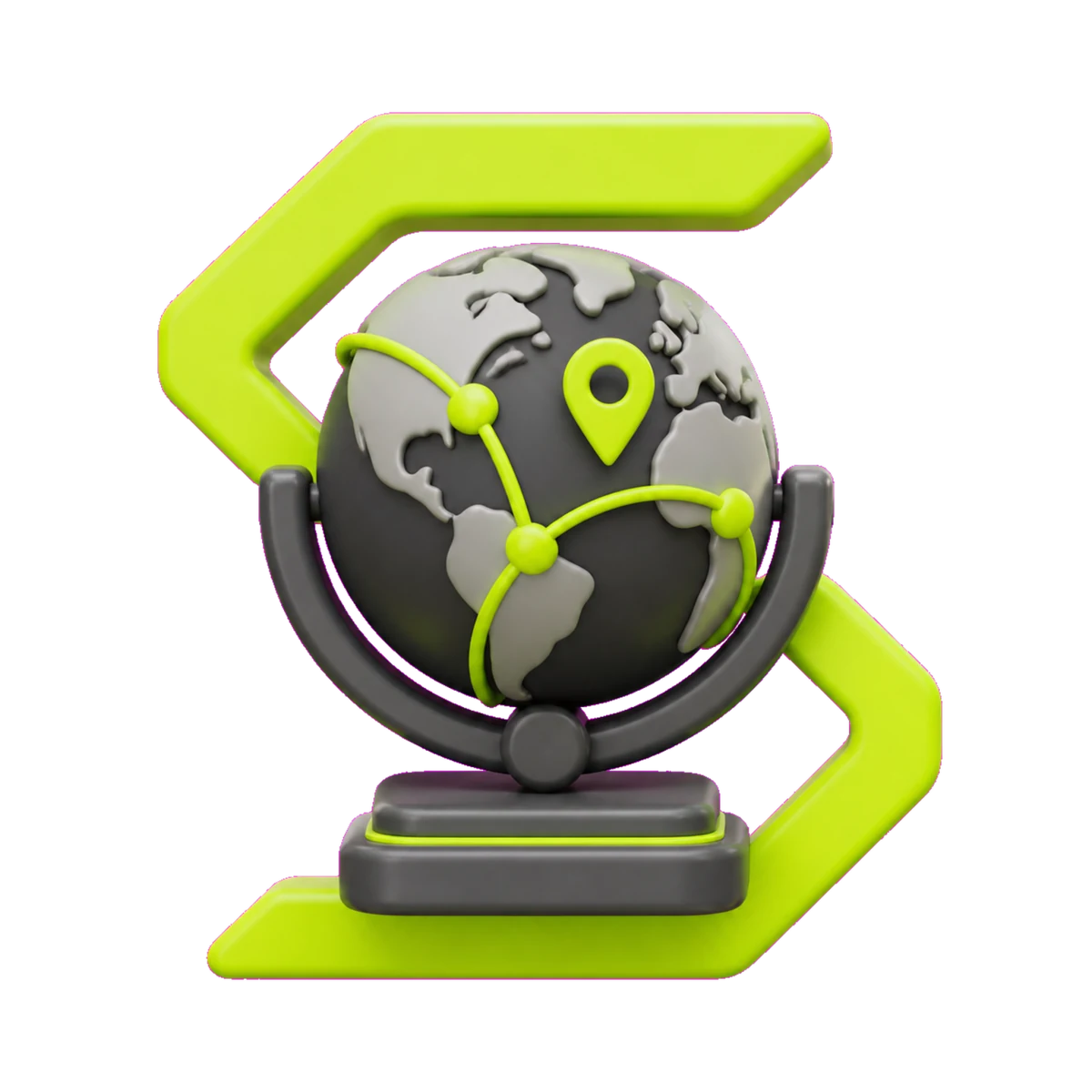 A networked globe wrapped in the SKOLTRA chevron — global reach with local impact.