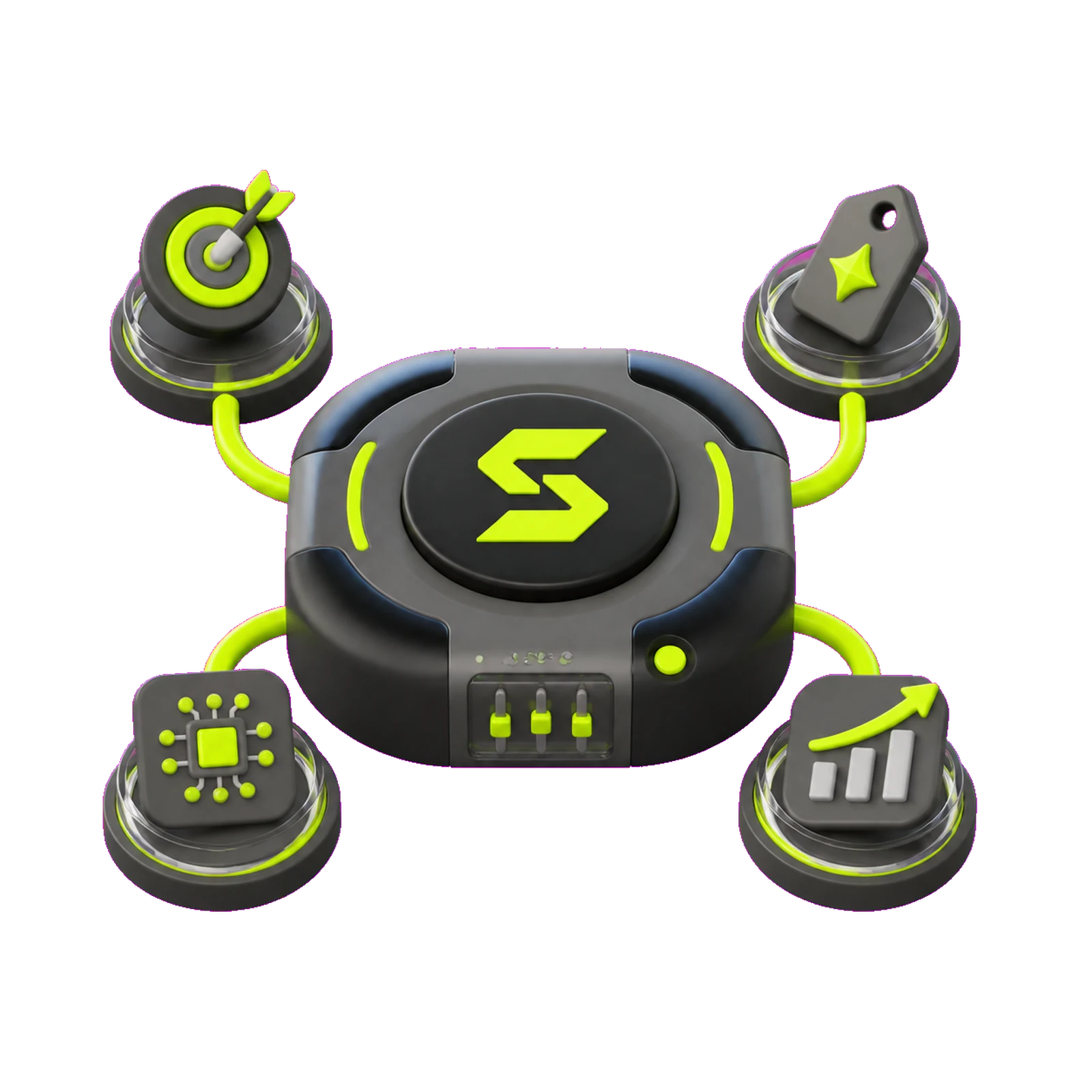 SKOLTRA — an interlocking chrome-and-lime core that represents strategy, brand, technology and growth engineered as one system.