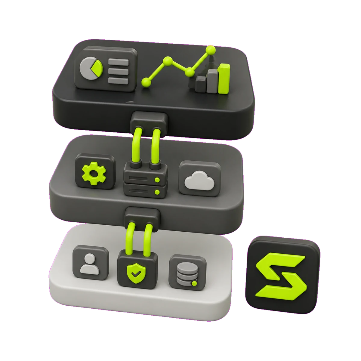 A vertical stack of interlocking SKOLTRA modules — strategy, brand, technology and growth integrated into one system.